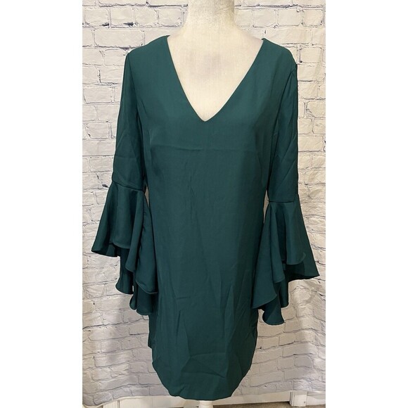 Venus Emerald Green Flare Sleeve Sheath Dress V Neck Sexy Size 12 - Picture 2 of 7